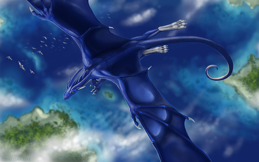 16:10 2010 cloud dragon european_mythology feral firondraak flying green_eyes horn male membrane_(anatomy) membranous_wings mythological_creature mythological_scalie mythology outside scalie solo tail tina_leyk western_dragon widescreen wings