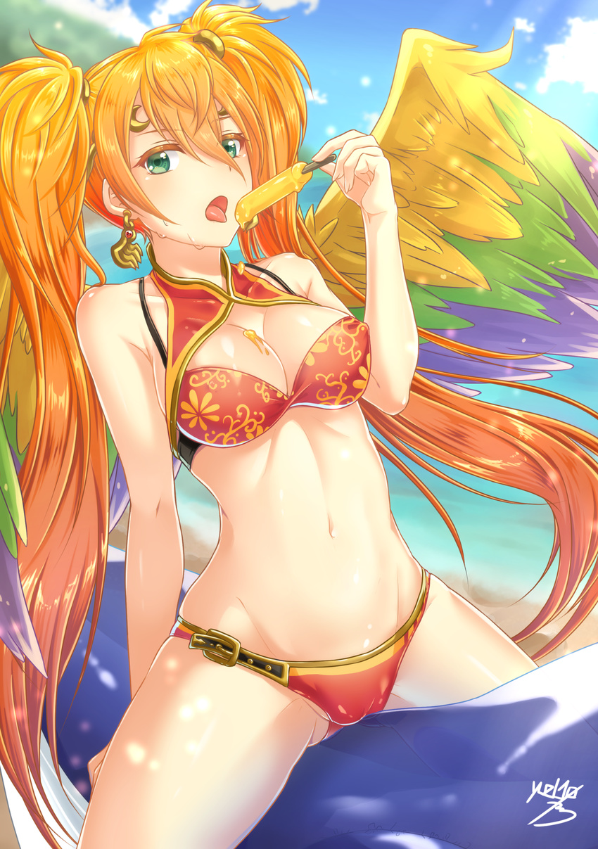 bad_id bad_pixiv_id bikini bird_wings breasts cleavage cloud covered_nipples day female food green_eyes highres leilan_(p&d) long_hair medium_breasts navel open_mouth orange_hair outdoors popsicle puzzle_&_dragons solo spilling swimsuit tongue tongue_out twintails wings yuzutosen