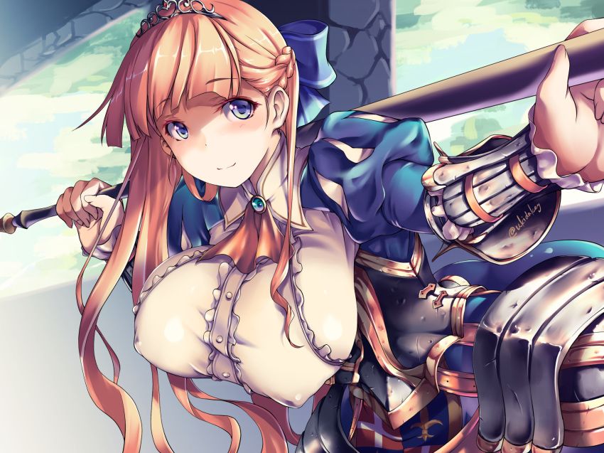 armor artist_name blonde_hair blue_eyes blue_ribbon blurry blurry_background bracer braid breasts bridge club_(weapon) commentary_request covered_nipples female hair_ribbon highres holding holding_weapon impossible_clothes kousaka_yami large_breasts leaning_forward long_hair mireille_(sennen_sensou_aigis) outdoors ribbon sennen_sensou_aigis smile solo standing tiara weapon