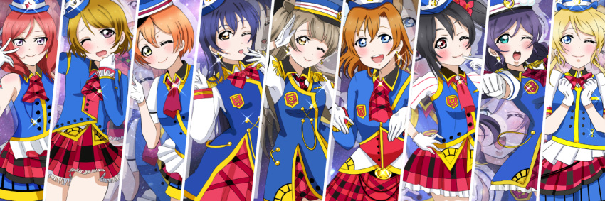 6+girls ayase_eli bow bowtie chanmi gloves happy_party_train hat hoshizora_rin koizumi_hanayo kousaka_honoka love_live! love_live!_school_idol_project love_live!_sunshine!! minami_kotori multiple_girls necktie nishikino_maki one_eye_closed salute sonoda_umi toujou_nozomi train_attendant yazawa_nico