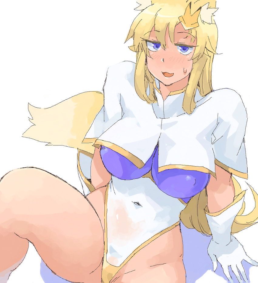 :3 animal_ears blonde_hair blue_eyes breasts commentary_request cosplay covered_navel female fox_ears fox_tail gundam gundam_seed gundam_seed_destiny highleg highleg_leotard highres leotard long_hair medium_breasts meer_campbell meer_campbell_(cosplay) minakami_(flyingman555) purple_leotard simple_background solo tail thighs white_background white_leotard