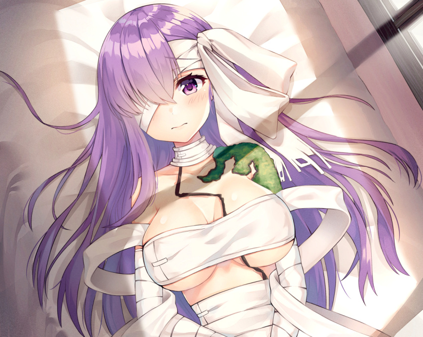 bandage bandage_over_one_eye blush bow breasts fate/grand_order fate_(series) female hinaki_(hinaki_0102) kingprotea large_breasts lying moss on_back purple_eyes purple_hair window