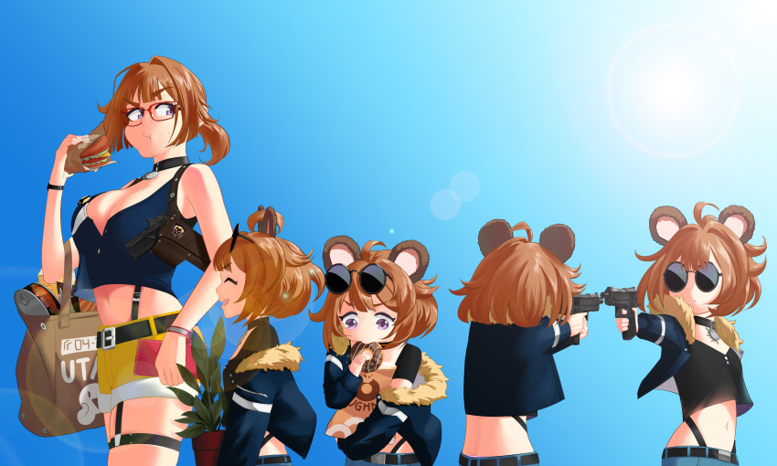 5girls absurdres ahoge animal_ears bad_id bad_pixiv_id bear_ears black_choker breasts brown_hair burger can canned_food choker cleavage closed_eyes cosplay cowboy_shot doughnut eyewear_on_head food girls'_frontline glasses grizzly_mkv_(girls'_frontline) grizzly_mkv_(teddy_transform!)_(girls'_frontline) grizzly_mkv_(weekend_cop)_(girls'_frontline) grizzly_win_mag gun handgun highres holster ikkka93 large_breasts lens_flare leon_(leon_the_professional) leon_the_professional mathilda_lando midriff multiple_girls navel official_alternate_costume parody pendant_choker photoshop_(medium) plant potted_plant purple_eyes red-framed_eyewear short_hair shorts shoulder_holster smile weapon