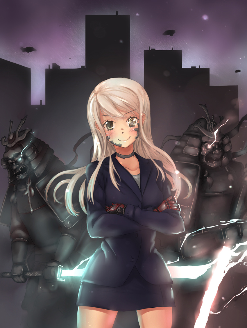 armor blonde_hair blush brown_eyes coat commentary_request cyberpunk female formal glowing glowing_eye highres hikaru_ga_chikyuu_ni_itakoro jacket long_hair looking_at_viewer mascot_(4chan) original pencil_skirt photoshop_(medium) shikibu_honoka skirt skirt_suit suit yellow_eyes