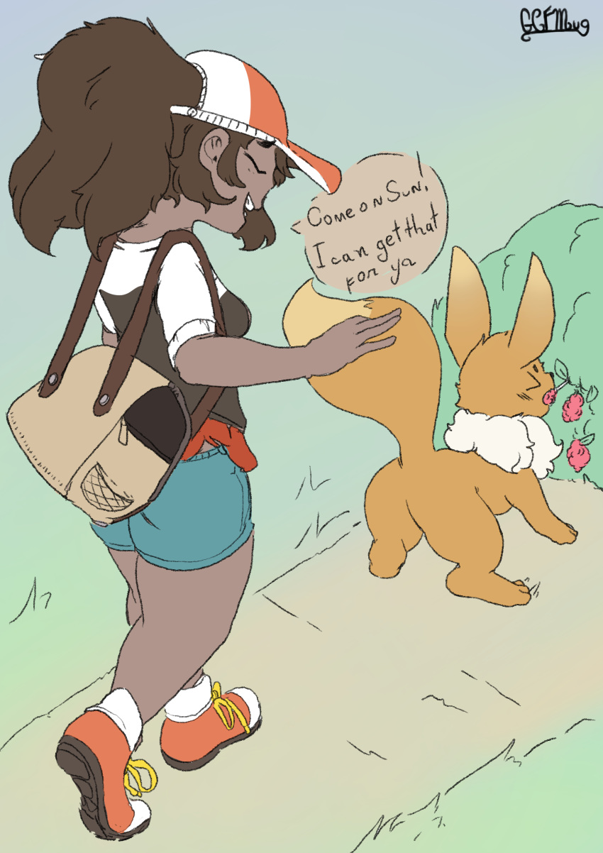 absurd_res ambiguous_gender brown_body brown_skin clothed clothing dark_body dark_skin duo eevee elaine_(pokemon) female gcfmug generation_1_pokemon hi_res human mammal nintendo partner_eevee pokemon pokemon:_let's_go pokemon_(species) text trainer