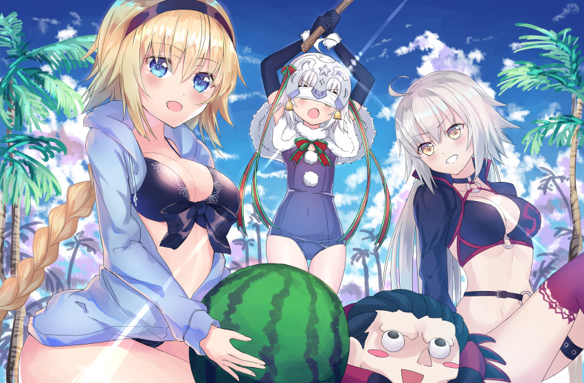 3girls absurdres ahoge beach bikini black_bikini black_gloves black_jacket blonde_hair blue_eyes blue_one-piece_swimsuit blue_sky blush bow braid breasts capelet cleavage cloud collarbone commentary_request cropped_jacket day elbow_gloves fate/grand_order fate_(series) food front-tie_top fruit fur-trimmed_capelet fur_trim gilles_de_rais_(caster)_(fate) gloves green_bow green_ribbons hairband headpiece highres hood hooded_jacket jacket jeanne_d'arc_(fate) jeanne_d'arc_(swimsuit_archer)_(fate) jeanne_d'arc_(swimsuit_archer)_(first_ascension)_(fate) jeanne_d'arc_alter_(fate) jeanne_d'arc_alter_(swimsuit_berserker)_(fate) jeanne_d'arc_alter_santa_lily_(fate) jeanne_d'arc_alter_santa_lily_(summer_little)_(fate) large_breasts long_braid long_hair looking_at_another looking_at_viewer multiple_girls muragaki_(sgxx4878) navel o-ring objectification one-piece_swimsuit outdoors palm_tree ribbon sand side-tie_bikini_bottom single_braid sitting sky standing stomach striped striped_ribbon suikawari sunlight swimsuit sword tree unzipped very_long_hair watermelon weapon white_capelet wooden_sword yellow_eyes