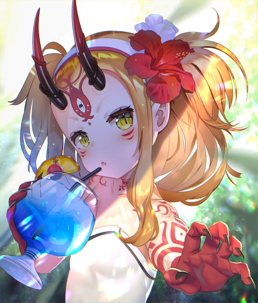 :o arm_tattoo bad_id bad_twitter_id bare_shoulders black_nails blonde_hair blue_hawaii blush collarbone commentary_request cup day drink drinking_glass drinking_straw facial_mark fate/grand_order fate_(series) female fingernails flat_chest flower food forehead_mark foreshortening fruit hair_flower hair_ornament hairband head_tilt hibiscus highres horns ibaraki_douji_(fate) ibaraki_douji_(swimsuit_lancer)_(fate) ibaraki_douji_(swimsuit_lancer)_(second_ascension)_(fate) long_hair looking_at_viewer nail_polish nayuta_(una) oerba_yun_fang one-piece_swimsuit oni oni_horns outdoors outstretched_arm pineapple pineapple_slice reaching reaching_towards_viewer red_flower shade sharp_fingernails sidelocks slit_pupils solo sunlight swimsuit tattoo two_side_up upper_body white_hairband white_one-piece_swimsuit yellow_eyes