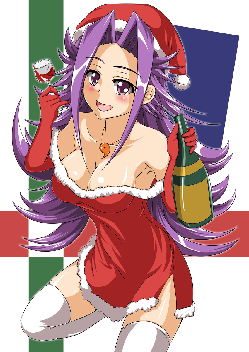 :d absurdres alcohol blush bottle breasts cleavage commentary_request cup dress drinking_glass female fur_trim hat highres jewelry jun'you_(kancolle) kantai_collection large_breasts long_hair magatama necklace off-shoulder_dress off_shoulder open_mouth photoshop_(medium) purple_eyes purple_hair red_dress sangyou_haikibutsu_a santa_hat smile solo spiked_hair thighhighs white_thighhighs wine wine_bottle wine_glass