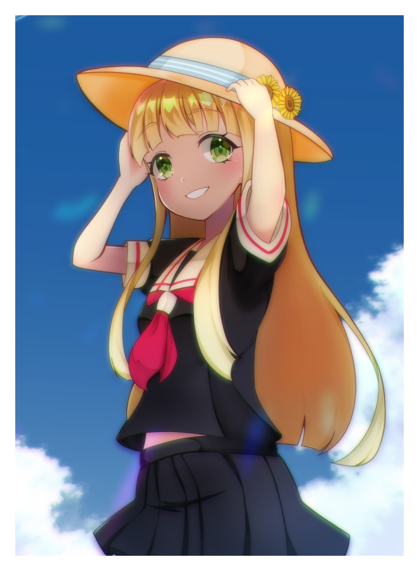 bad_id bad_pixiv_id black_serafuku black_skirt blonde_hair blue_sky day female flower green_eyes hat hat_flower highres kantai_collection kinubari_nerune long_hair looking_at_viewer neckerchief outdoors pleated_skirt red_neckerchief school_uniform serafuku skirt sky smile solo straight_hair straw_hat sunflower yuudachi_(kancolle)