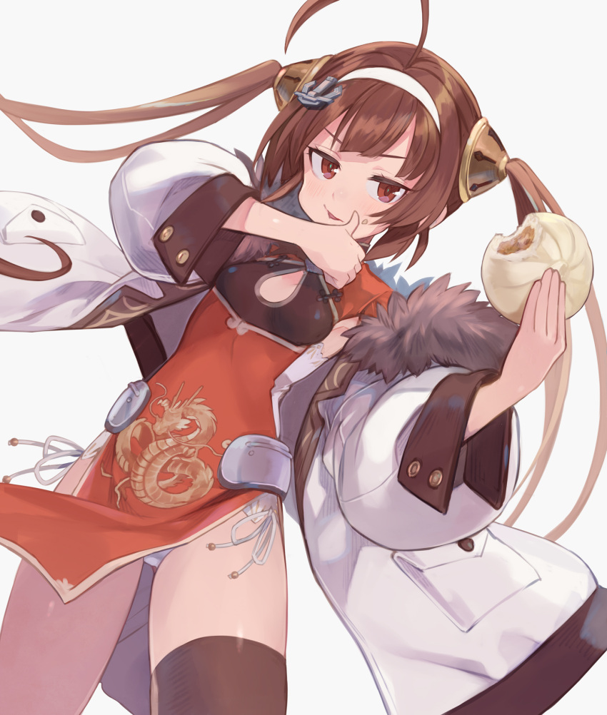 anchor_hair_ornament azur_lane baozi brown_hair brown_thighhighs china_dress chinese_clothes commentary cowboy_shot dragon_print dress eating female food fur-trimmed_jacket fur_trim hair_ornament hair_rings hairband hairpods highres jacket long_sleeves panties pelvic_curtain ping_hai_(azur_lane) purple_eyes red_dress simple_background single_thighhigh solo thighhighs underwear white_background white_hairband white_panties yuko_(uc_yuk)