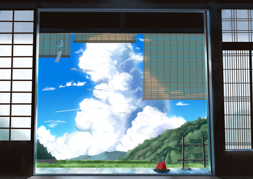 architecture blue_sky cloud cloudy_sky day door east_asian_architecture food forest fruit grass hankachi_(okayama012) highres landscape mosquito_coil mountain nature no_humans open_door original plant plate scenery sky summer tree watermelon wooden_floor