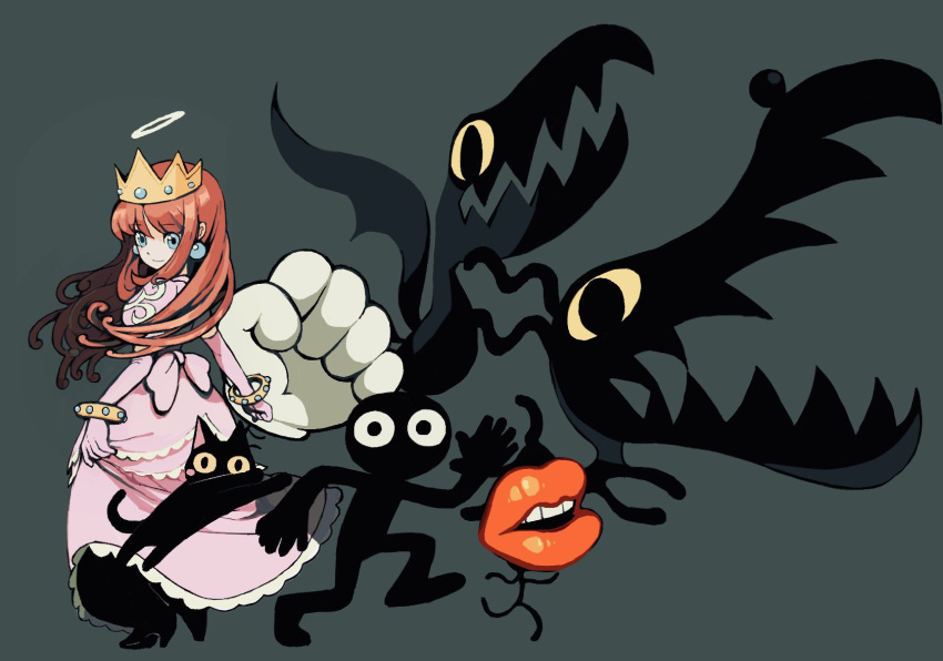 alternate_form black_cat black_skin blue_eyes bracelet colored_skin commentary crown dress earrings elbow_gloves english_commentary feline female gloves halo highres jewelry lips looking_at_viewer orange_hair pink_dress pink_gloves princess_shokora rinabee_(rinabele0120) sharp_teeth teeth wario_land wario_land_4 white_gloves