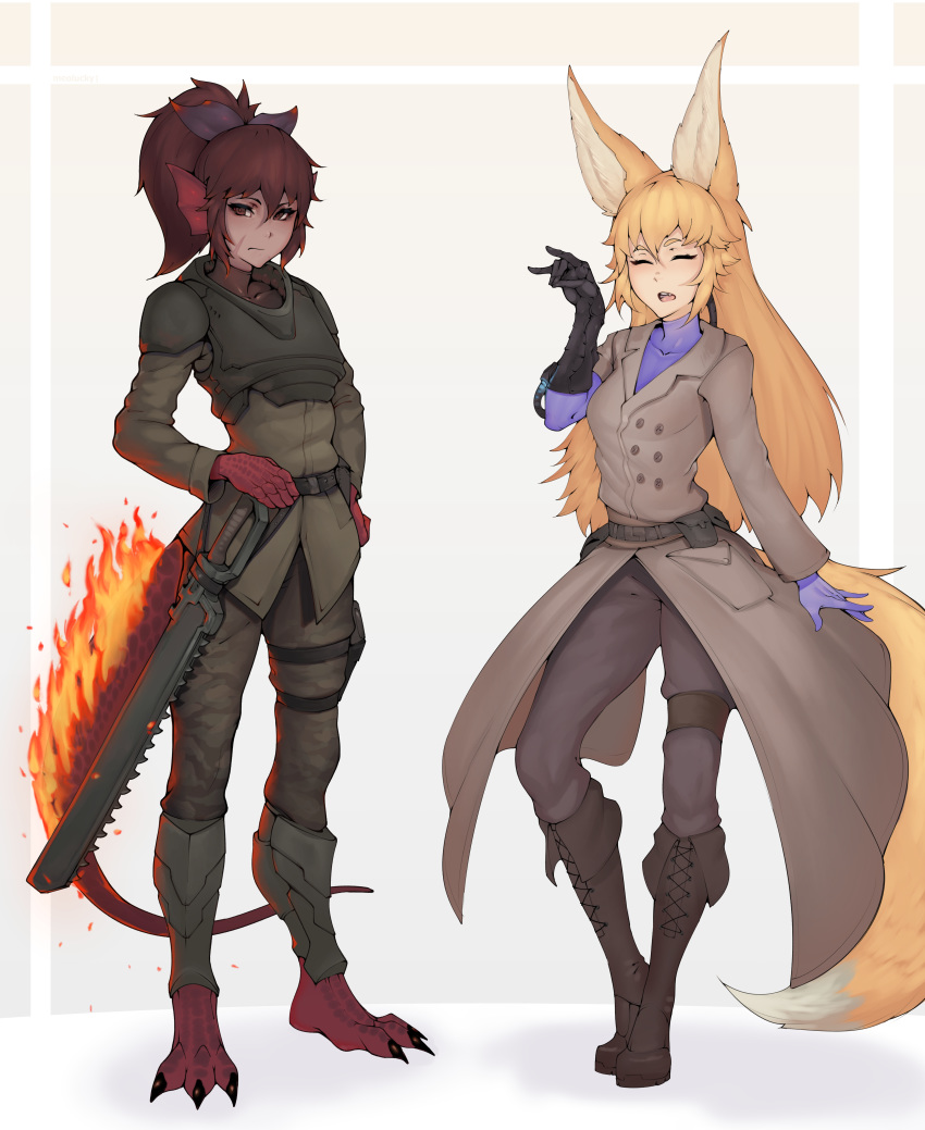 2girls absurdres animal_ear_fluff animal_ears animal_hands armor belt belt_pouch black_bodysuit black_gloves blonde_hair bodysuit bodysuit_under_clothes boots brown_coat brown_eyes brown_hair chainsword claws closed_eyes coat commentary commission cross-laced_footwear crossover dark-skinned_female dark_skin english_commentary facing_viewer fiery_tail fins fox_ears fox_girl fox_shadow_puppet fox_tail frown full_body gloves hair_between_eyes hand_on_hilt head_fins highres holster inari_(monster_girl_encyclopedia) kitsune knee_boots lizard_tail long_coat long_hair long_sleeves looking_at_viewer medium_hair meolucky147 monster_girl monster_girl_encyclopedia multiple_girls open_mouth pants ponytail pouch purple_bodysuit salamander_(monster_girl_encyclopedia) scar scar_on_face simple_background single_glove tail thigh_holster warhammer_40k weapon