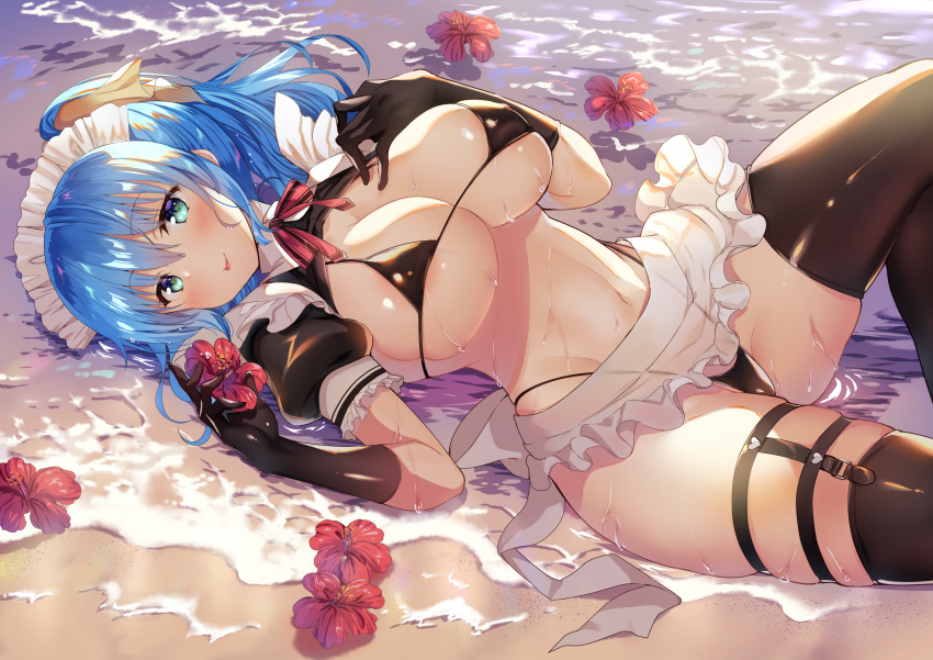 absurdres apron aqua_eyes areolae beach bikini black_bikini black_gloves black_thighhighs blue_hair breasts cleavage female flower gakkou_de_seishun! gloves hands_up hibiscus highres kanzaki_ayane large_breasts latex latex_gloves long_hair looking_at_viewer lying maid maid_apron micro_bikini navel nearly_naked_apron neck_ribbon on_back one_side_up puffy_short_sleeves puffy_sleeves red_flower revealing_clothes ribbon rose sanshoku_amido short_sleeves shrug_(clothing) sidelocks skindentation smile solo stomach string_bikini swimsuit thighhighs thighs tongue tongue_out waist_apron water wet wet_clothes