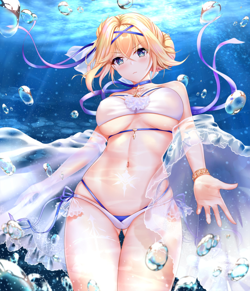 air_bubble ass_visible_through_thighs azur_lane bad_id bad_pixiv_id bare_shoulders bikini blonde_hair blue_choker blue_eyes blue_ribbon blush breasts bubble chao_wu_xing_xian chest_tattoo chinese_commentary choker cleavage collarbone commentary cowboy_shot cross cross_choker crossed_bangs female glint groin hair_bun hair_intakes hair_ribbon highres jeanne_d'arc_(azur_lane) jeanne_d'arc_(saintess_of_the_sea)_(azur_lane) large_breasts layered_bikini light_rays looking_at_viewer midriff multi-strapped_bikini navel official_alternate_costume pubic_tattoo ribbon see-through side-tie_bikini_bottom sidelocks single_hair_bun skindentation solo sparkle sunbeam sunlight swimsuit tattoo thigh_gap underboob underwater veil white_bikini wristlet