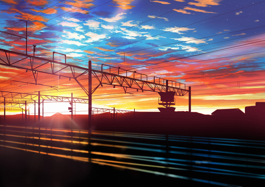 building cable cloud cloudy_sky commentary_request dusk evening fence hankachi_(okayama012) highres no_humans original outdoors railroad_tracks scenery silhouette sky sun sunlight sunset