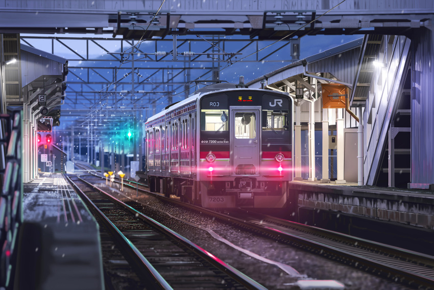 bridge cable commentary english_text hankachi_(okayama012) highres japan_railways light no_humans numbered original outdoors pedestrian_bridge railroad_tracks real_world_location scenery sign sky snow snowing train train_station train_station_platform