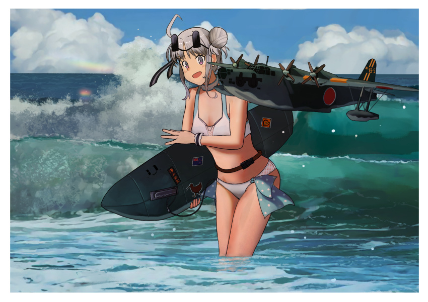 ahoge aircraft airplane akitsushima_(kancolle) akitsushima_(swimsuit_mode)_(kancolle) alternate_hairstyle australian_flag bikini blue_sky choker cloud commentary_request cowboy_shot day double_bun eyewear_on_head female flying_boat grey_eyes grey_hair h8k hair_bun highres kantai_collection looking_at_viewer nishikitaitei-chan outdoors side-tie_bikini_bottom sidelocks sky sunglasses surfboard swimsuit timmyyen waves white_bikini