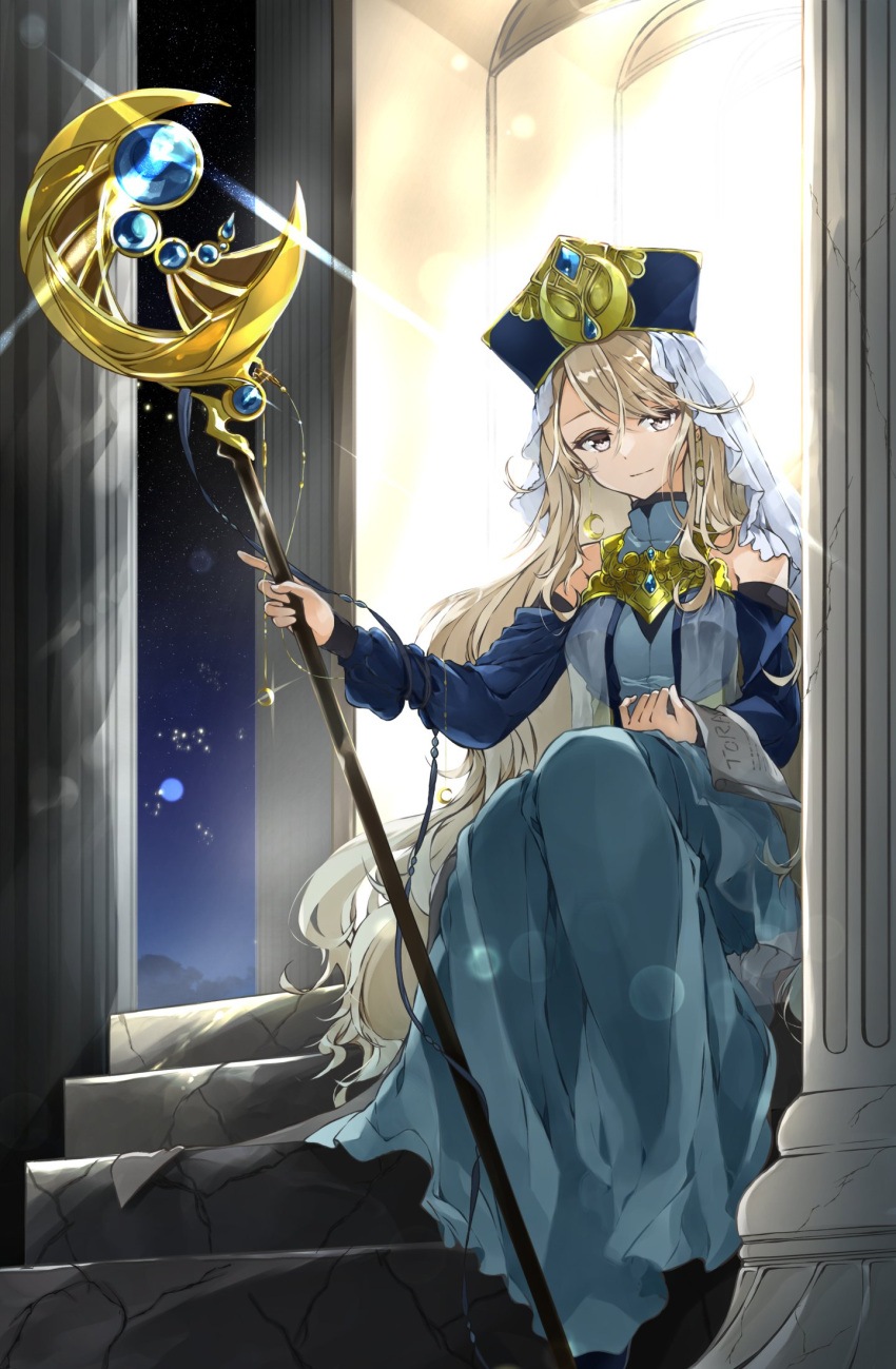 blonde_hair blue_dress blue_gemstone blue_hat breasts column crack cracked_floor crescent crescent_earrings crescent_wand detached_sleeves dress earrings female fujishiro_kazuha full_body gate gem glint glowing grey_eyes hat high_collar highres holding holding_scroll holding_staff index_finger_raised jewelry lens_flare long_hair medium_breasts mitre mixed-language_commentary night night_sky original pillar priestess scroll sitting sky sleeveless sleeveless_dress smile solo staff swept_bangs tarot the_high_priestess_(tarot) veil wavy_hair