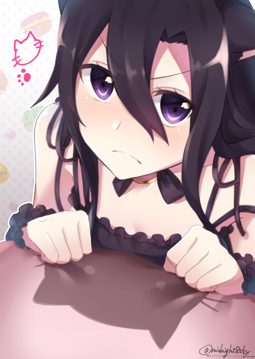 1boy androgynous animal_ears animal_print bad_id bad_pixiv_id black_bra black_hair black_ribbon bra cat_ears cat_lingerie cat_print cinderella_bust closed_mouth collarbone frown hair_between_eyes highres kemonomimi_mode kirito kirito_(sao-ggo) long_hair looking_at_viewer male_focus meme_attire midnight8sky neck_ribbon otoko_no_ko purple_eyes ribbon solo sword_art_online twitter_username underwear underwear_only v-shaped_eyebrows wrist_cuffs