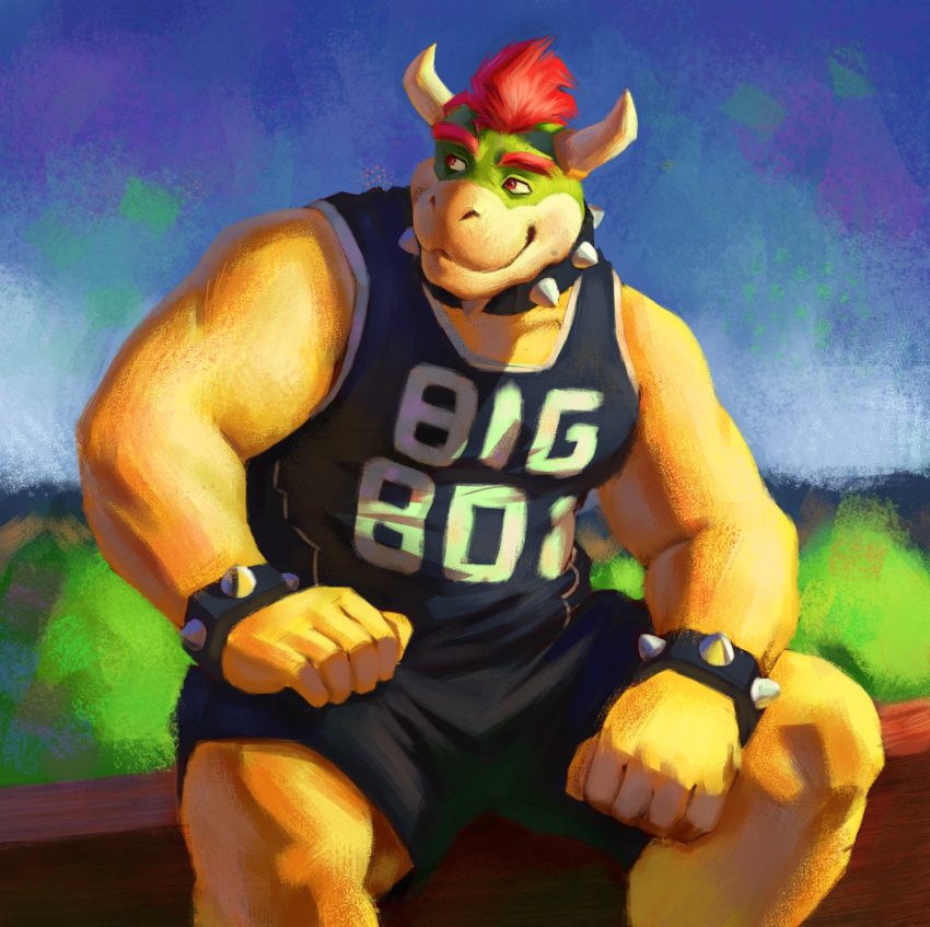 2_horns anonymous_artist anthro bottomwear bowser bracelet clothed clothing collar english_text eyebrows fully_clothed hair hi_res horn jewelry koopa male mario_bros muscular muscular_anthro muscular_male nintendo reptile scalie shell-less shorts sitting sleeveless_shirt smile solo spiked_bracelet spiked_collar spikes text thick_eyebrows