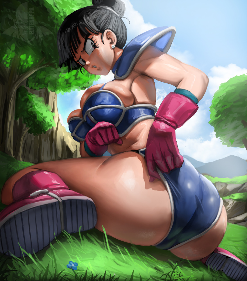 absurdres armor ass bikini_armor black_eyes black_hair blue_sky boots breasts chi-chi_(dragon_ball) cloud dragon_ball dragon_ball_(classic) dragon_ball_z earrings elite_nappa female flower from_behind gloves grass hair_bun highres jewelry looking_back on_ground outdoors parted_lips pink_footwear pink_gloves shiny_skin sky solo sweatdrop wasteland