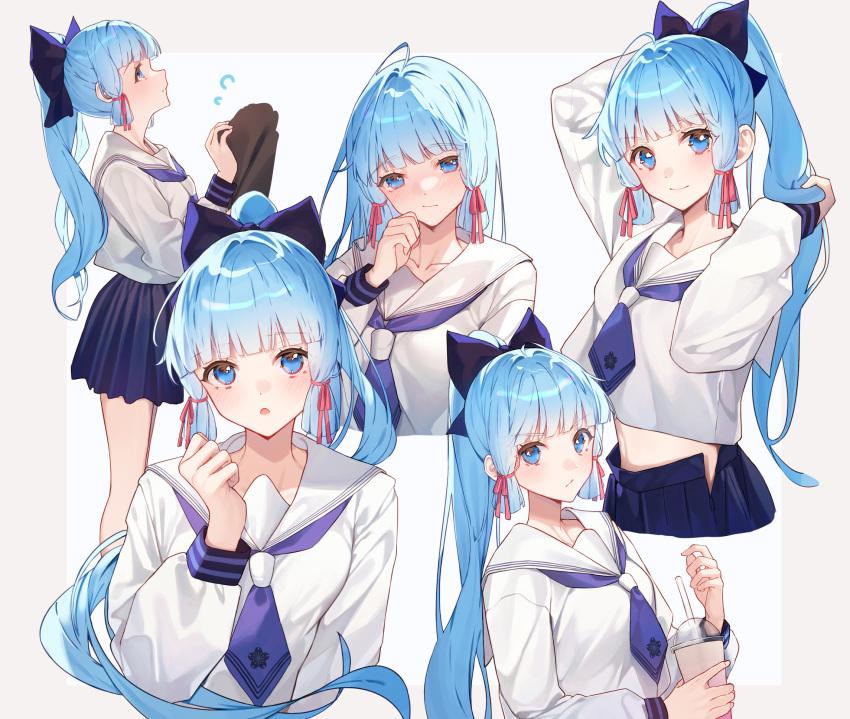 bad_id bad_pixiv_id blue_eyes blue_hair blunt_bangs blush breasts female genshin_impact highres kamisato_ayaka large_breasts light_blue_hair long_hair looking_at_viewer multiple_views ponytail school_uniform serafuku shotgunman sidelocks smile white_background