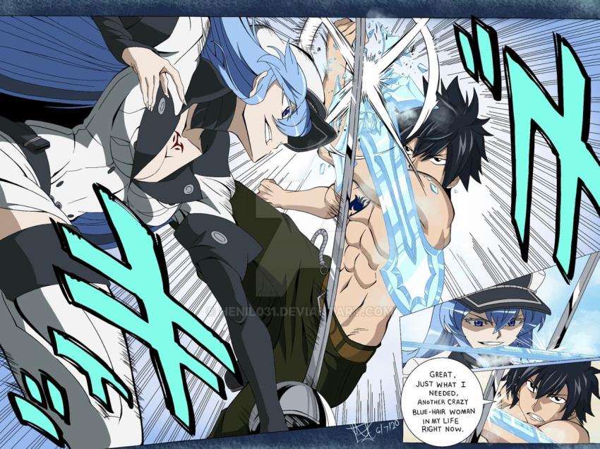 1boy akame_ga_kill! battle black_eyes black_hair blue_eyes blue_hair boots breast_tattoo breasts chest_tattoo choker cleavage commentary crossover crystal_sword english_commentary esdeath evil_grin evil_smile fairy_tail female fighting gray_fullbuster grin hair_between_eyes hat henil031 holding holding_sword holding_weapon ice jewelry large_breasts long_hair military military_uniform muscle necklace peaked_cap sadism smile speech_bubble spiked_hair sword tattoo thigh_boots thighhighs uniform very_long_hair weapon whip_marks