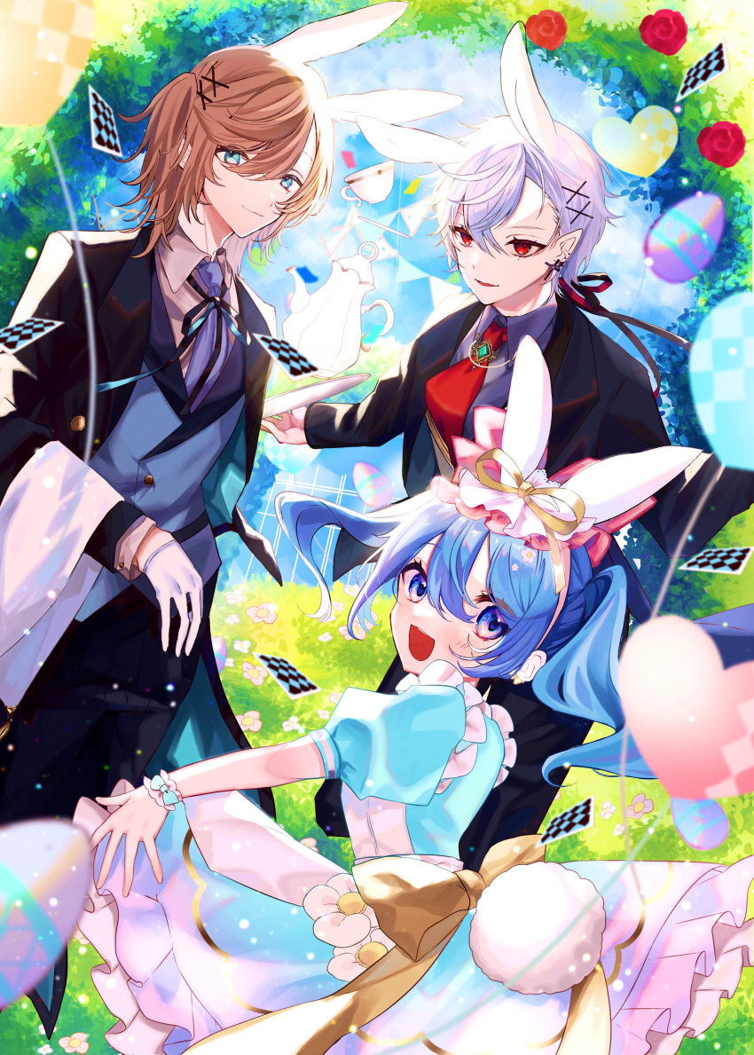 2boys absurdres animal_ears black_jacket blue_dress brown_hair brown_shirt card collared_shirt cup dress egg fake_animal_ears female flower frilled_dress frills grey_hair grey_necktie grey_shirt hair_behind_ear highres jacket kanae_(nijisanji) kom0980 kuzuha_(nijisanji) multiple_boys necktie nijisanji playing_card rabbit_ears red_eyes red_flower red_necktie red_rose rose shirt side_ponytail smile teacup teapot twintails virtual_youtuber yuuki_chihiro