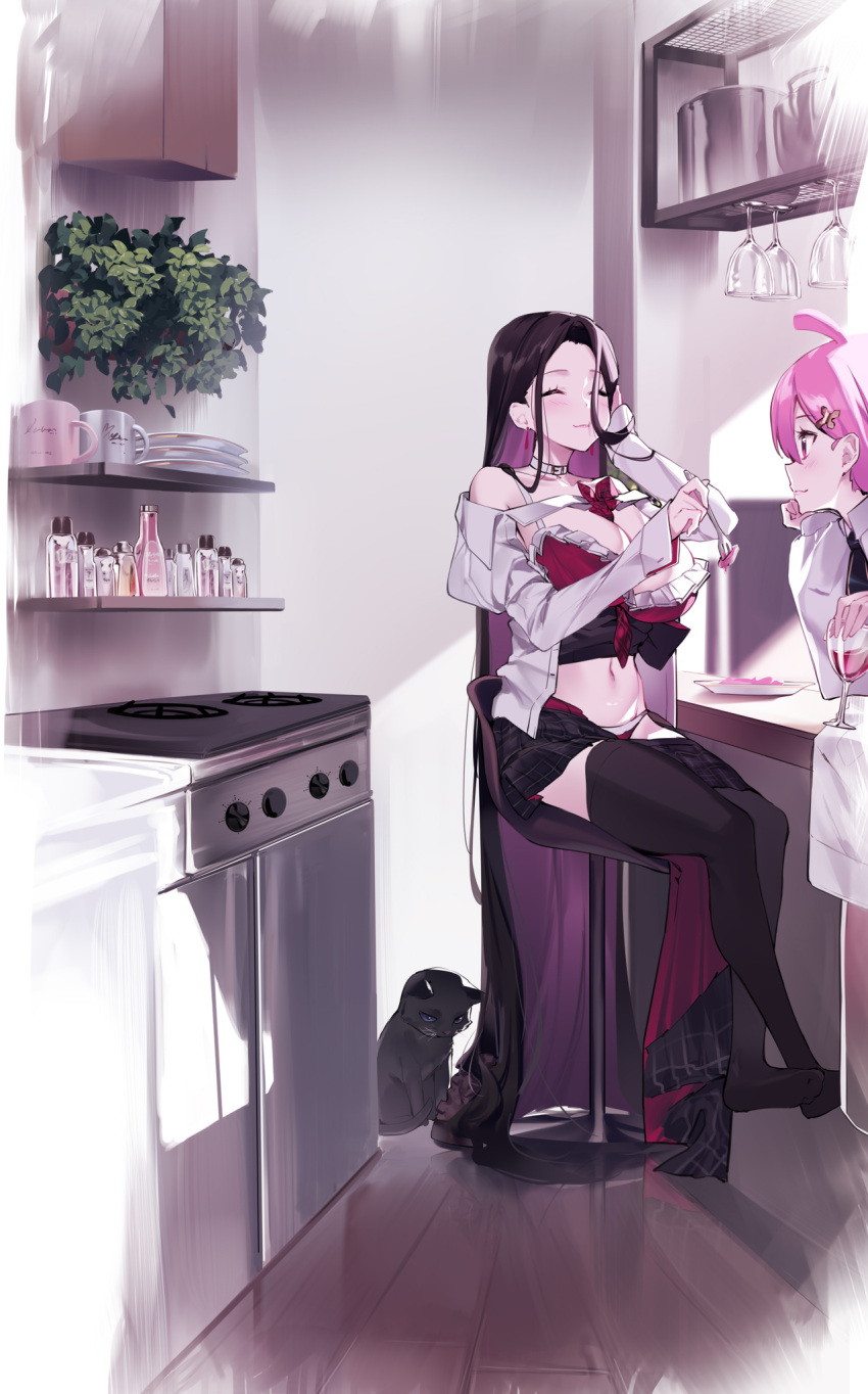 2girls :t absurdly_long_hair ahoge ako_ko_(yaguo) black_thighhighs blush bra brown_hair closed_eyes closed_mouth colored_inner_hair cup drinking_glass eating feline fork hand_on_own_cheek hand_on_own_face highres holding holding_cup holding_fork hug indoors kitchen long_hair long_sleeves multicolored_hair multiple_girls navel no_shoes off_shoulder original oven pink_hair pity_(yaguo) red_bra sailor_collar sitting thighhighs underwear very_long_hair white_hair white_sailor_collar yaguo