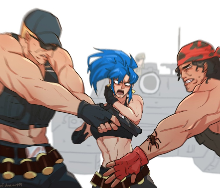 3boys bandana baseball_cap blue_hair bug clark_still crop_top dodoro999 earrings female fingerless_gloves gloves gun hat heidern ikari_warriors jewelry korean_commentary leona_heidern midriff military military_vehicle motor_vehicle multiple_boys muscular muscular_female navel ponytail ralf_jones snk spider tank the_king_of_fighters weapon