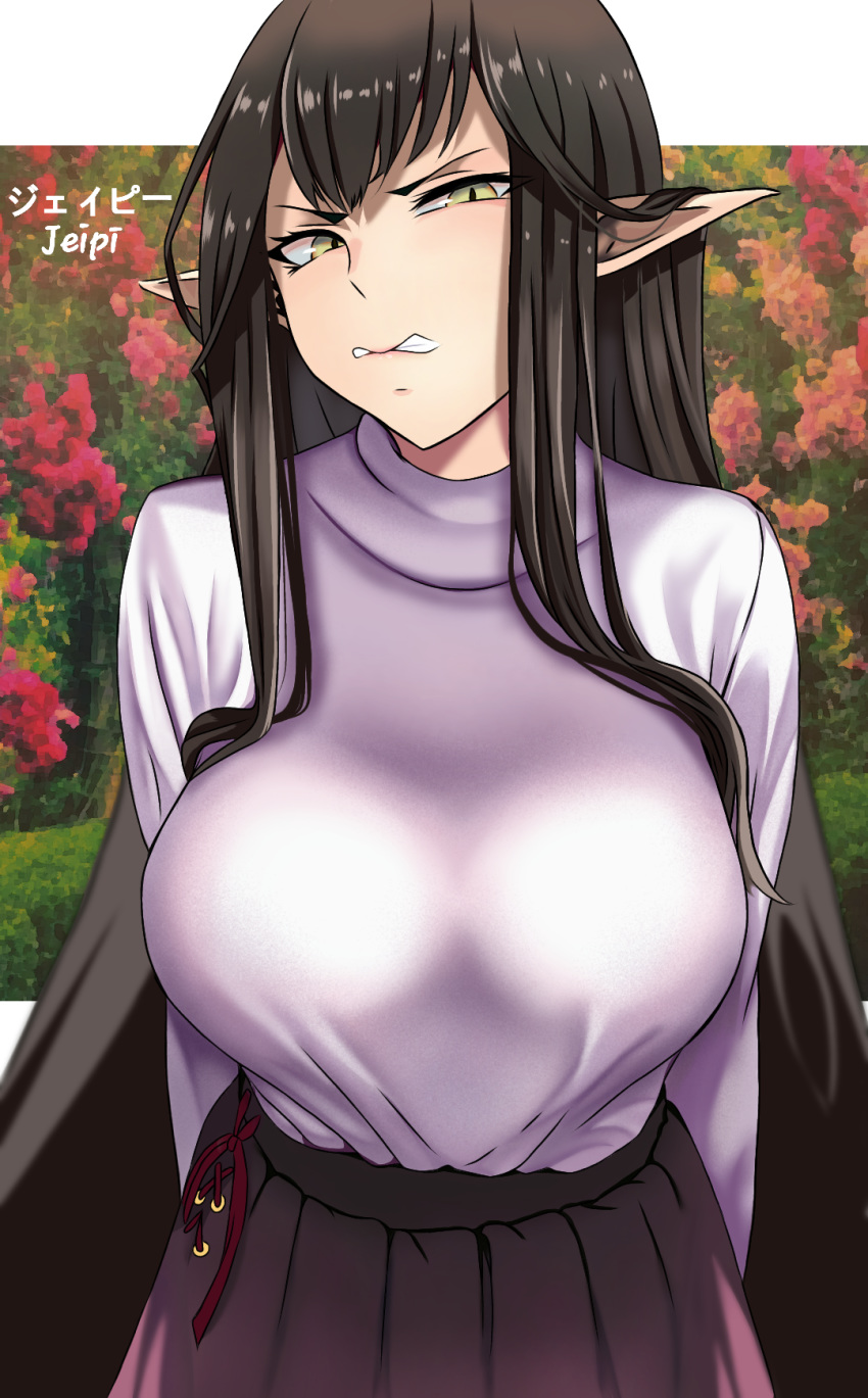 angry artist_name bad_id bad_pixiv_id black_hair black_skirt breasts clenched_teeth derivative_work fate/apocrypha fate_(series) female flower highres john_mangalile large_breasts long_hair looking_at_viewer outdoors pointy_ears scowl semiramis_(fate) sidelocks skirt solo sweater teeth upper_body very_long_hair white_sweater yellow_eyes