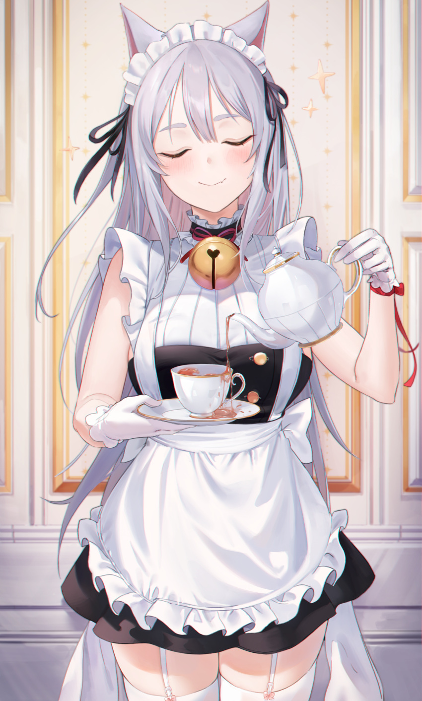 absurdres animal_ears apron bare_shoulders black_dress breasts cat_ears closed_eyes closed_mouth commentary cowboy_shot cup dress emyo facing_viewer female frilled_apron frills garter_straps gloves highres indoors long_hair maid maid_apron maid_headdress medium_breasts oerba_yun_fang original pouring sleeveless sleeveless_dress smile solo spill spilling standing teacup teapot thighhighs tray very_long_hair white_gloves white_thighhighs zettai_ryouiki