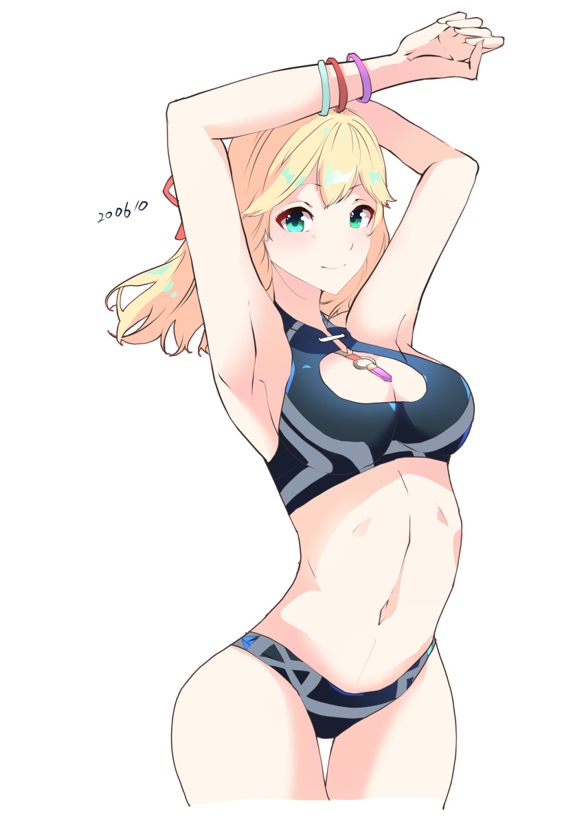 absurdres armpits arms_up bikini black_bikini blonde_hair bracelet breasts cleavage cleavage_cutout clothing_cutout cowboy_shot female fiora_(xenoblade) green_eyes highres jewelry long_hair looking_at_viewer medium_breasts navel risumi_(taka-fallcherryblossom) simple_background smile solo stretching swimsuit thigh_gap white_background xenoblade_chronicles_(series) xenoblade_chronicles_1