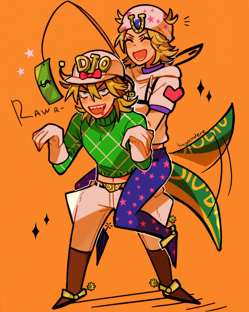 >:) 2boys :d ^_^ absurdres artist_name banknote belt belt_buckle blonde_hair boots brown_footwear buckle carrot_on_stick closed_eyes commentary cowboy_boots diego_brando dinosaur_tail drooling english_commentary film_grain freckles gloves green_eyes green_shirt hair_between_eyes highres holding horseshoe_ornament huyandere johnny_joestar jojo_no_kimyou_na_bouken long_sleeves medium_hair midriff money motion_lines multiple_boys navel orange_background riding scary_monsters_(stand) sharp_teeth shirt short_sleeves simple_background smile sparkle spurs star_(symbol) star_print steel_ball_run stick sweater tail tail_wagging teeth turtleneck twitter_username v-shaped_eyebrows white_gloves white_headwear white_shirt