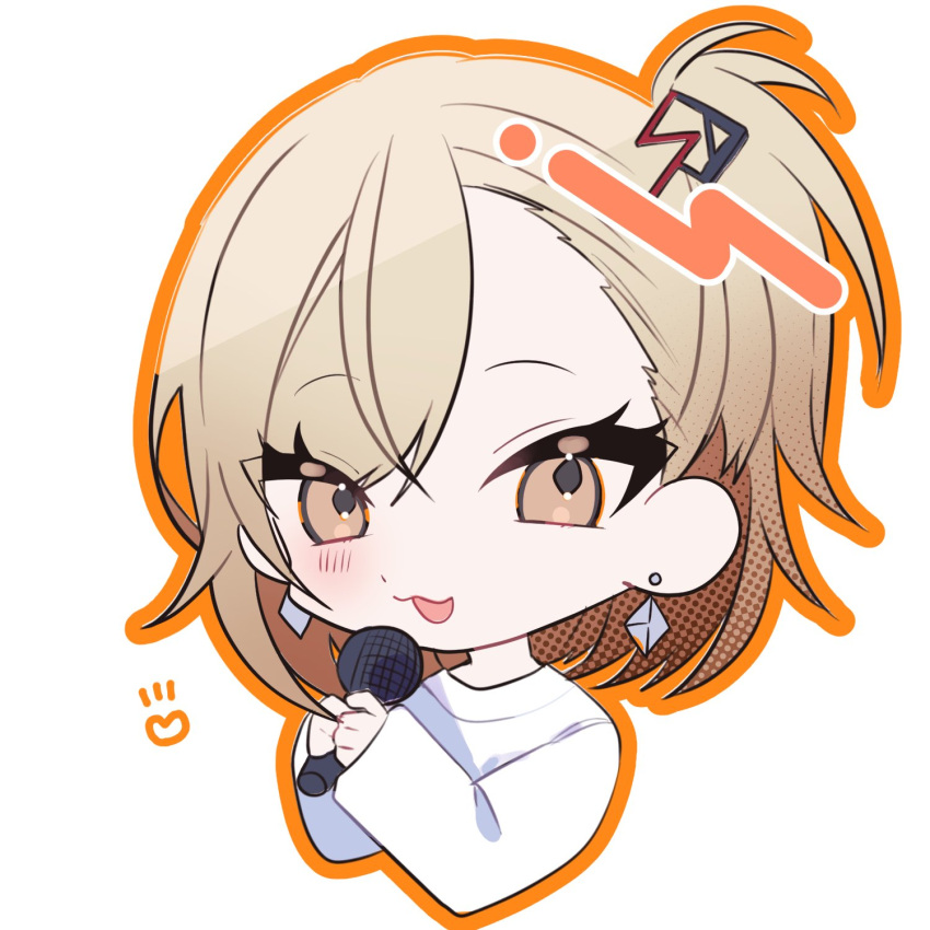 ashizawa_saki blonde_hair blush brown_eyes chibi earrings female hair_behind_ear highres jewelry kom0980 open_mouth riot_music shirt short_hair side_ponytail smile solo virtual_youtuber white_background white_shirt