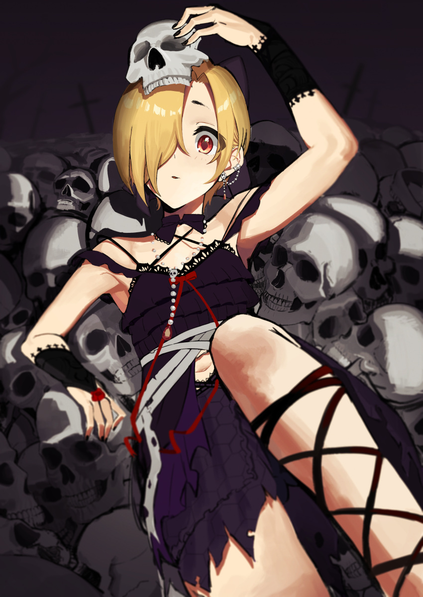 absurdres arm_up blonde_hair bridal_gauntlets cross ear_piercing earrings female garuku1120 hair_over_one_eye highres idolmaster idolmaster_cinderella_girls jewelry looking_at_viewer lying midriff navel on_back piercing pile red_eyes shirasaka_koume short_hair skull solo