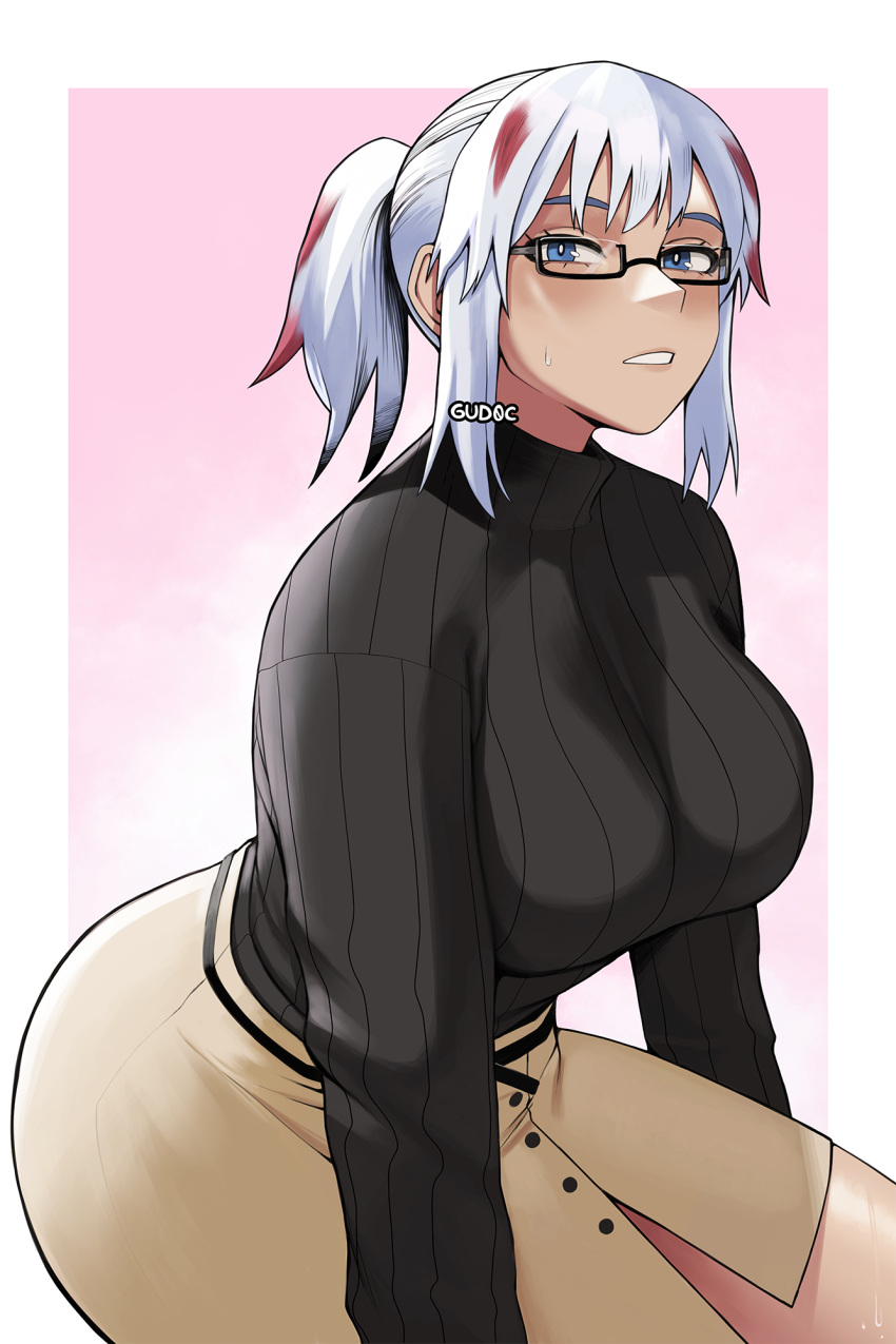 artist_name black-framed_eyewear black_sweater blue_eyes boku_no_hero_academia border breasts commentary english_commentary female glasses gud0c highres large_breasts long_sleeves looking_at_viewer multicolored_hair paid_reward_available parted_lips red_hair sidelocks simple_background skirt solo streaked_hair sweatdrop sweater teeth todoroki_fuyumi white_border white_hair