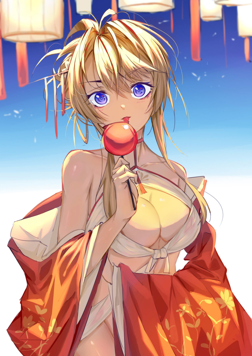 absurdres azur_lane bare_shoulders breasts center_opening chinese_new_year cleavage_cutout clothing_cutout dress female glorious_(azur_lane) glorious_(pungent_plum)_(azur_lane) hair_between_eyes hair_ornament highres kanzashi large_breasts licking looking_at_viewer neck_ribbon off_shoulder official_alternate_costume purple_eyes red_dress revealing_clothes ribbon solo soranoki tied_hair wide_sleeves