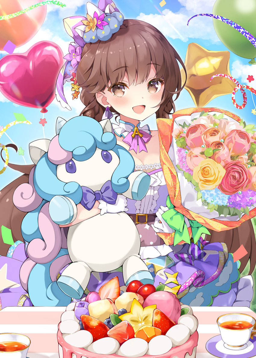 :d balloon belt blue_sky blueberry blush bouquet breasts brown_eyes brown_hair cake center_frills cleavage cloud commentary_request confetti copyright_request cup day detached_collar dress earrings female flower flower_earrings flower_trim food frills fruit gloves hat hat_flower heart_balloon highres holding holding_bouquet holding_stuffed_toy hugging_object jewelry long_hair looking_at_viewer medium_breasts mini_hat official_art outdoors party_hat pilokey pink_flower pink_rose purple_dress red_flower red_rose rose saucer sky smile solo star-shaped_food star_(symbol) star_balloon starfruit strawberry stuffed_toy stuffed_unicorn table tea teacup white_gloves yellow_flower yellow_rose