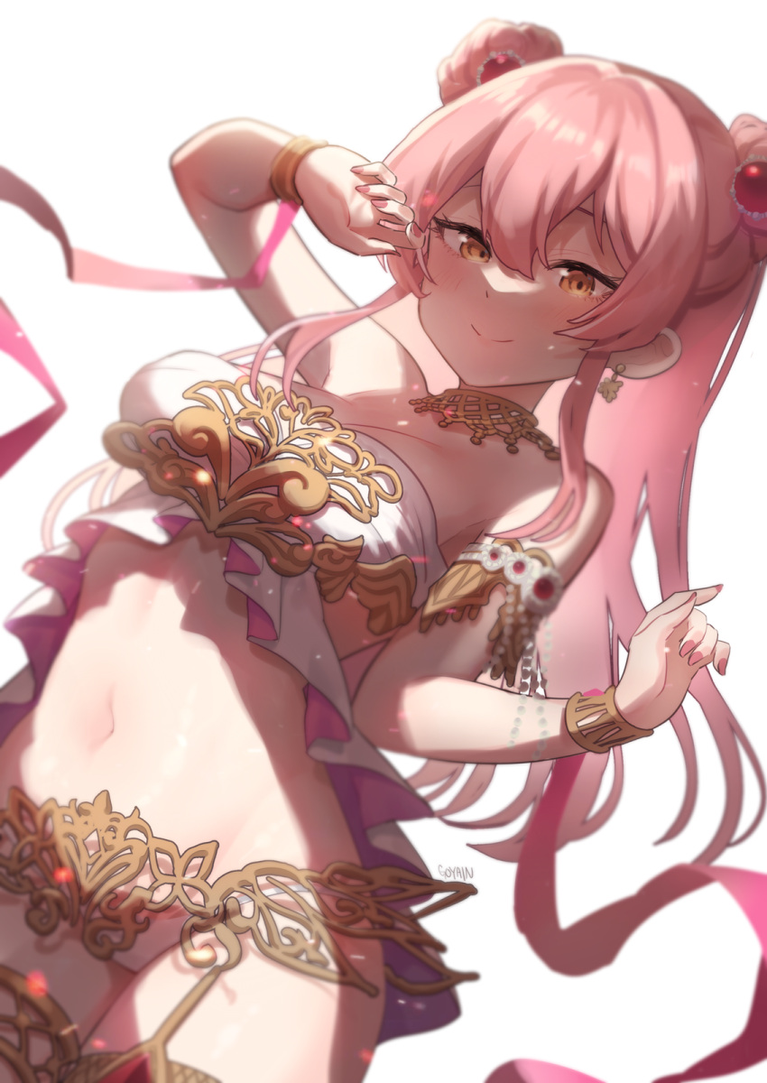 alternate_costume bad_id bad_pixiv_id blush breasts commentary dancer double_bun earrings female garter_straps gold_trim goyain hair_between_eyes hair_bun highres idolmaster idolmaster_cinderella_girls jewelry jougasaki_mika long_hair looking_at_viewer nail_polish navel orange_eyes panties pink_hair pink_nails simple_background smile solo stomach thighhighs underwear white_background white_panties