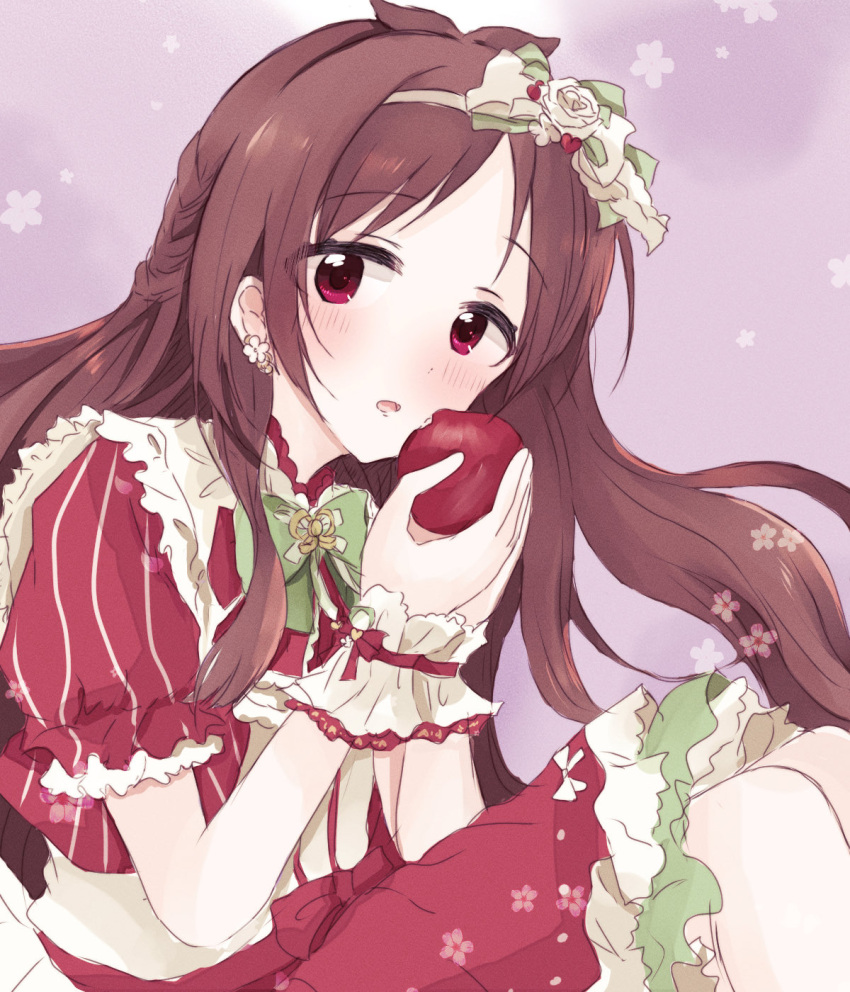 :o antenna_hair apple baran._(ba_ra_ran) bitten_apple blush brown_hair dress earrings female floral_print flower_earrings food food_bite frilled_dress frills fruit hairband highres holding holding_food idolmaster idolmaster_cinderella_girls jewelry knees_up layered_dress looking_at_viewer puffy_short_sleeves puffy_sleeves red_eyes short_sleeves simple_background solo tsujino_akari two-tone_dress wrist_cuffs