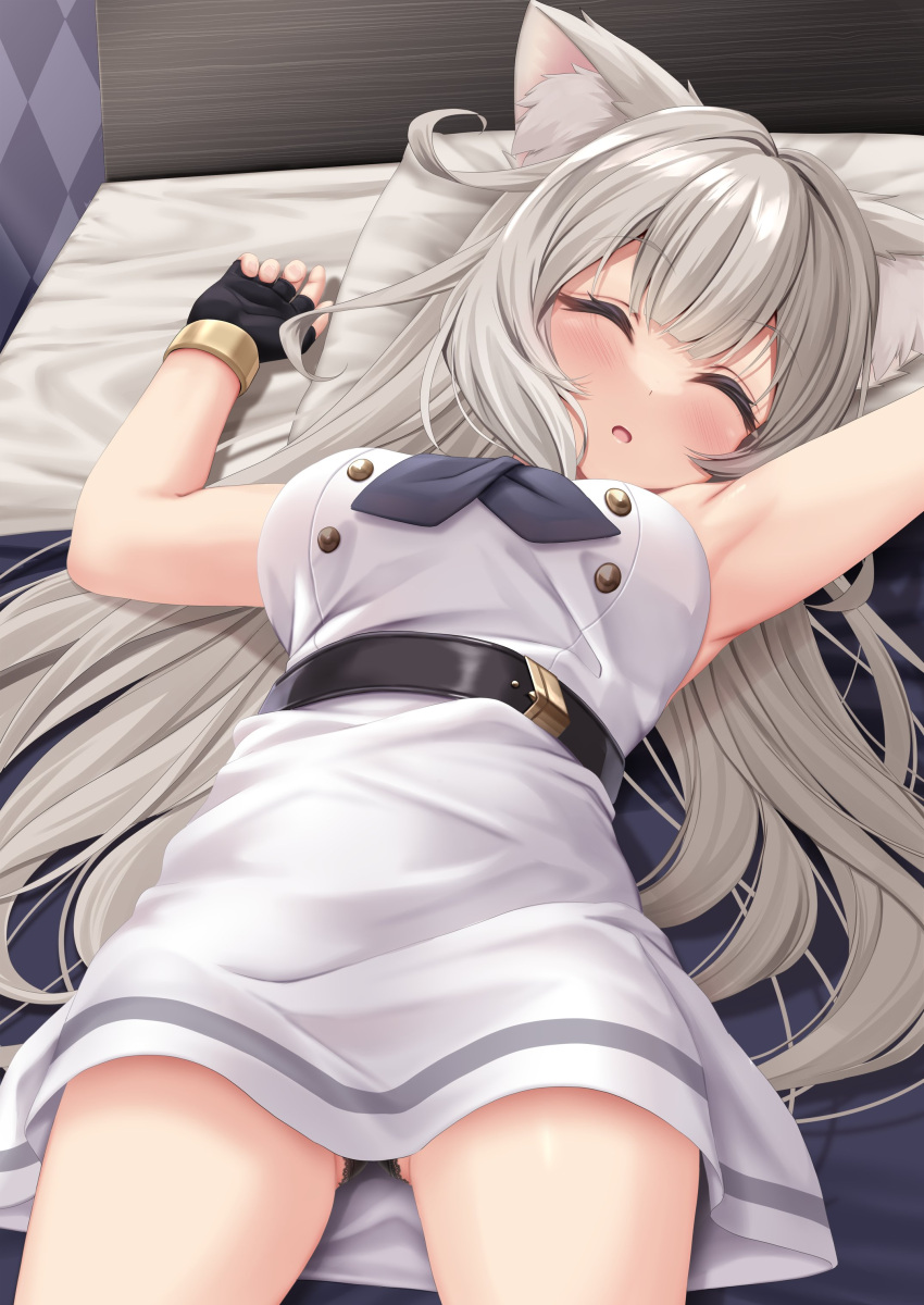 absurdres animal_ears armpits arms_up asymmetrical_legwear bed black_panties blush commentary_request female fingerless_gloves gloves highres neo-porte outstretched_arms panties platinum_blonde_hair sleeping solo spread_arms strelka_belca underwear virtual_youtuber yozuna_niu