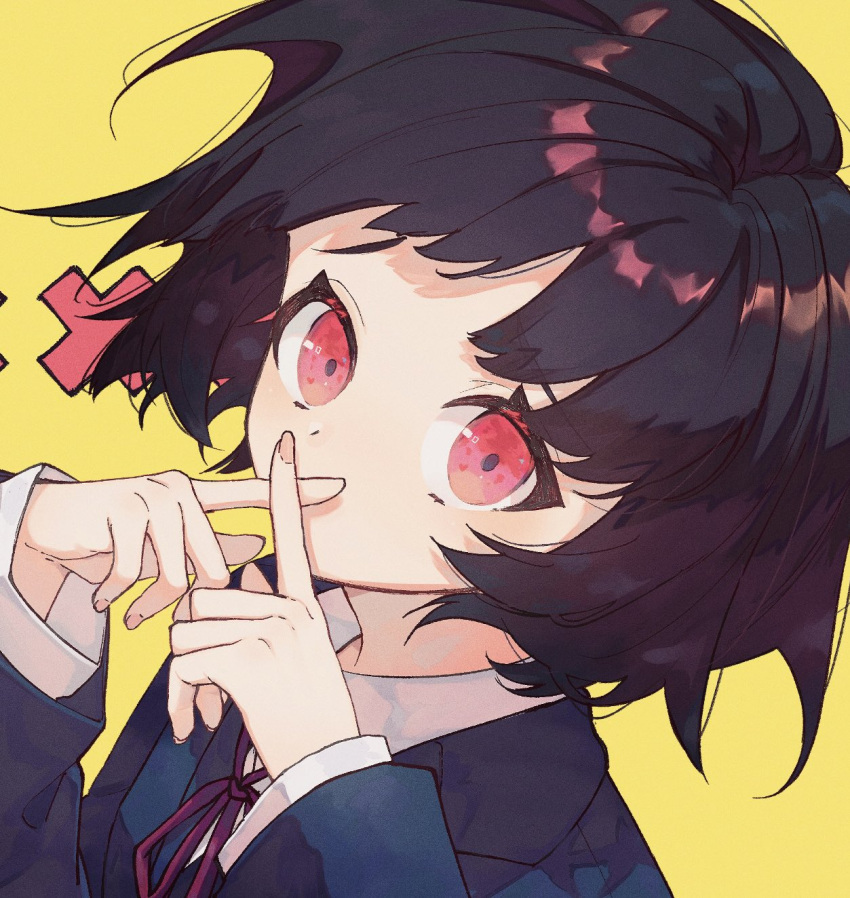 ano_ne_watashi_(cevio) black_hair blue_jacket collared_shirt covered_mouth female highres jacket nakaba_(mode) neck_ribbon official_art original pink_eyes red_ribbon ribbon school_uniform shirt short_hair solo white_shirt x_fingers yellow_background