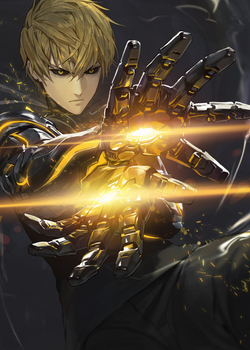 1boy absurdres black_pants black_sclera blonde_hair colored_sclera commentary_request cyborg genos glowing grey_tank_top highres looking_at_viewer male_focus modare one-punch_man outstretched_arms pants powering_up serious short_hair solo tank_top yellow_eyes