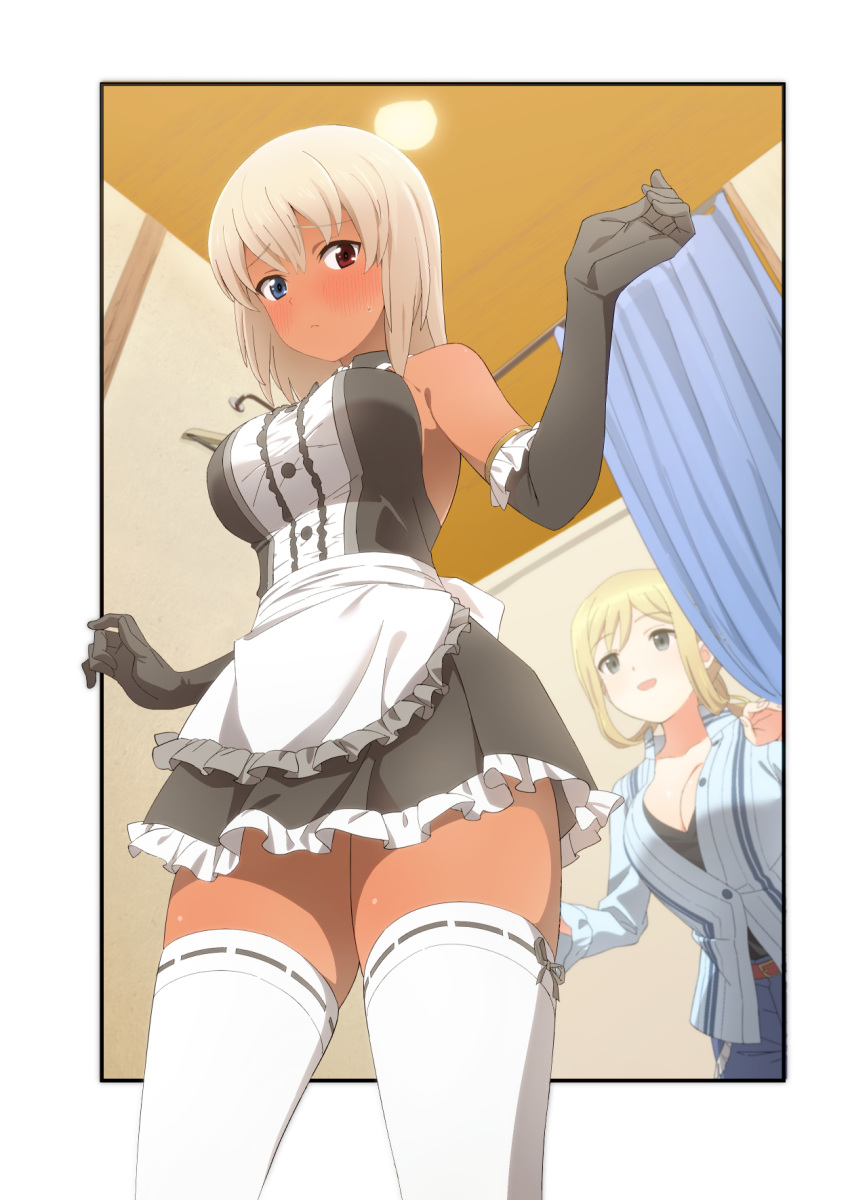 2girls alice_gear_aegis apron black_dress blonde_hair blue_eyes blush breasts cleavage closed_mouth curtains dark-skinned_female dark_skin dress elbow_gloves fitting_room frilled_apron frilled_dress frilled_gloves frills from_below gloves heterochromia highres ivry_hadd large_breasts long_hair multiple_girls pants red_eyes rita_henschel shirt sleeveless sleeveless_dress standing sweat thighhighs trying_on_clothes unpasu waist_apron white_apron white_thighhighs