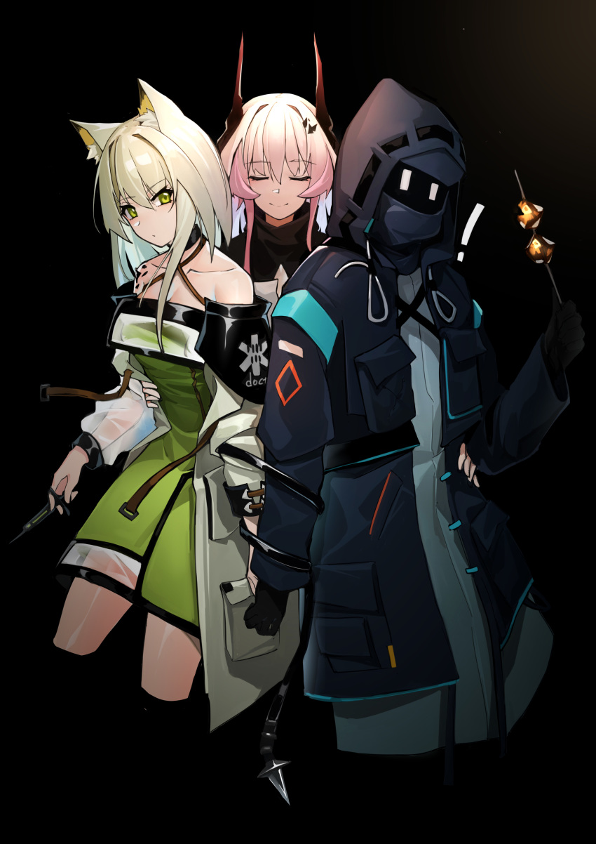 1other 2girls absurdres animal_ear_fluff animal_ears arknights bare_shoulders black_background black_choker black_gloves black_jacket choker closed_eyes commentary_request criss-cross_halter cropped_legs doctor_(arknights) dress facing_viewer gloves green_dress green_eyes hair_between_eyes halterneck hand_up highres holding hood hooded_jacket horns iku!_iku!! jacket kal'tsit_(arknights) long_hair long_sleeves looking_at_viewer material_growth multiple_girls off-shoulder_dress off_shoulder open_clothes open_jacket originium_(arknights) oripathy_lesion_(arknights) pink_hair short_dress simple_background smile star_of_life theresa_(arknights) white_hair