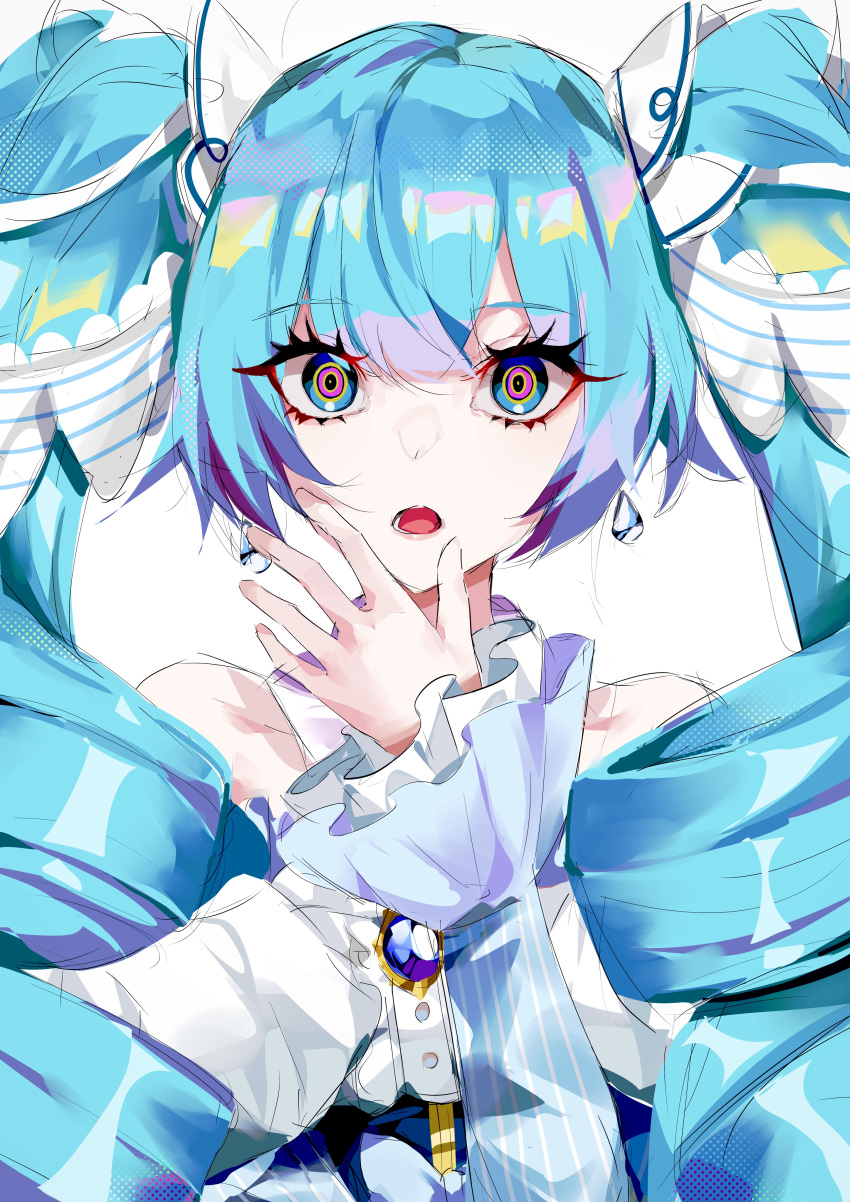 absurdres aqua_eyes bad_id bad_twitter_id bare_shoulders blue_hair commentary drill_hair earrings female hatsune_miku highres jewelry long_hair long_sleeves looking_at_viewer mikaduki_3636 multicolored_eyes open_mouth red_pupils ringed_eyes simple_background solo upper_body vocaloid white_background yuki_miku yuki_miku_(2019)