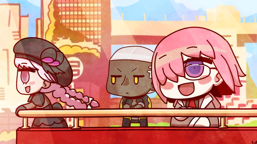 1boy 2girls bare_pectorals black-framed_eyewear black_dress black_headwear bow buzz_cut chibi crew_cut dark-skinned_male dark_skin dress emiya_alter fate/extra fate/grand_order fate_(series) glasses gothic_lolita hair_over_one_eye highres jacket korean_commentary l.n lolita_fashion mash_kyrielight multiple_girls necktie nursery_rhyme_(fate) parody pectorals purple_eyes purple_hair riyo_(lyomsnpmp)_(style) short_hair striped striped_bow style_parody very_short_hair white_hair yellow_eyes