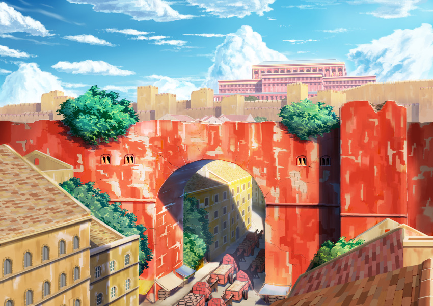 animal barrel blue_sky building castle city cityscape cloud commentary_request day fantasy hankachi_(okayama012) highres horse no_humans original outdoors path plant scenery shade sky sunlight tree wagon wall window